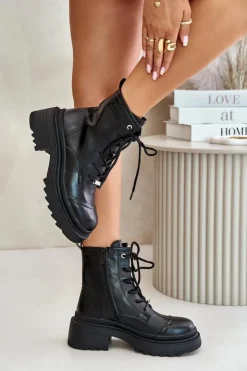 Damskie GOE Damskie Workery Botki Ocieplane Ze Skóry Naturalnej OO2N4115-W2 Czarne