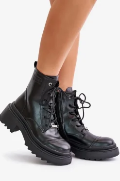 Damskie GOE Damskie Workery Botki Ocieplane Ze Skóry Naturalnej OO2N4115-W2 Czarne