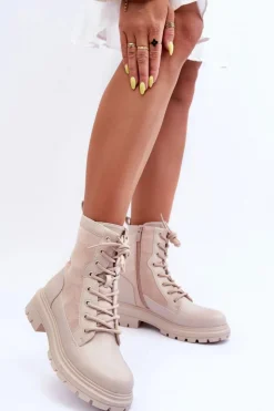 Damskie Boto Damskie Workery Botki Skórzane Jasnobeżowe Faustina