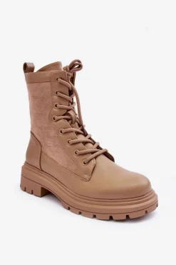 Boto Botki Ocieplane|Botki Sznurowane*Damskie Workery Botki Skórzane Beżowe Faustina