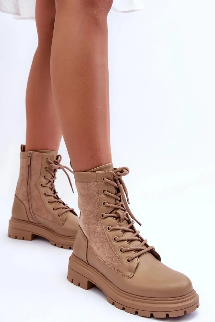 Boto Botki Ocieplane|Botki Sznurowane*Damskie Workery Botki Skórzane Beżowe Faustina