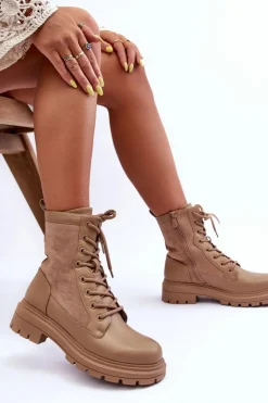 Boto Botki Ocieplane|Botki Sznurowane*Damskie Workery Botki Skórzane Beżowe Faustina