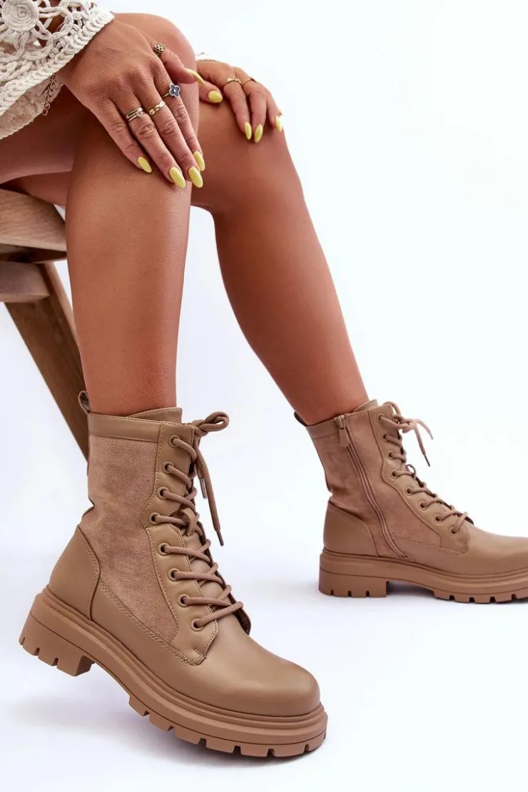 Boto Botki Ocieplane|Botki Sznurowane*Damskie Workery Botki Skórzane Beżowe Faustina