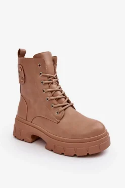 Discount Boto Damskie Workery Botki Sznurowane Na Płaskim Obcasie Beżowe Brenhile