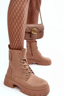 Discount Boto Damskie Workery Botki Sznurowane Na Płaskim Obcasie Beżowe Brenhile