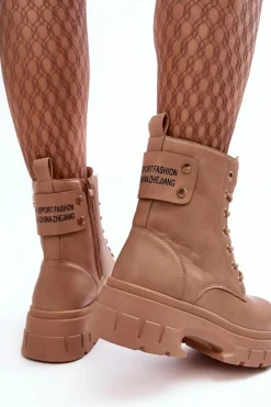 Discount Boto Damskie Workery Botki Sznurowane Na Płaskim Obcasie Beżowe Brenhile