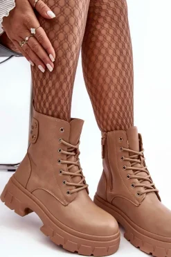 Discount Boto Damskie Workery Botki Sznurowane Na Płaskim Obcasie Beżowe Brenhile