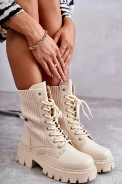 Damskie Boto Damskie Workery Botki Ze Skarpetą Beżowe Abigail