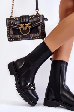 Damskie Boto Damskie Wsuwane Botki Z Łańcuchem Czarne Maliya