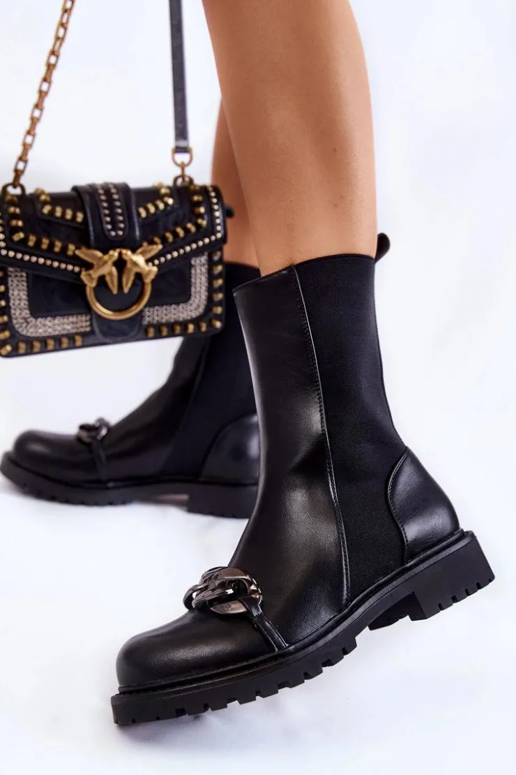 Damskie Boto Damskie Wsuwane Botki Z Łańcuchem Czarne Maliya