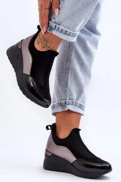 Discount Evento Damskie Wsuwane Buty Sportowe Na Koturnie Czarno-Srebrne Farro