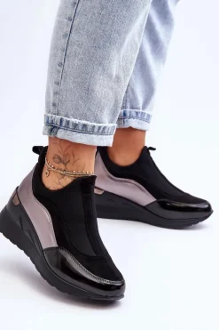 Discount Evento Damskie Wsuwane Buty Sportowe Na Koturnie Czarno-Srebrne Farro