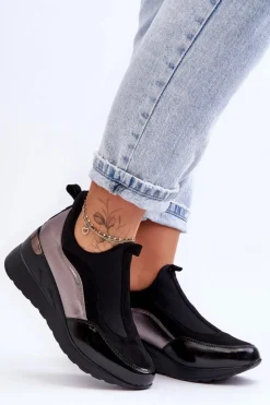 Discount Evento Damskie Wsuwane Buty Sportowe Na Koturnie Czarno-Srebrne Farro