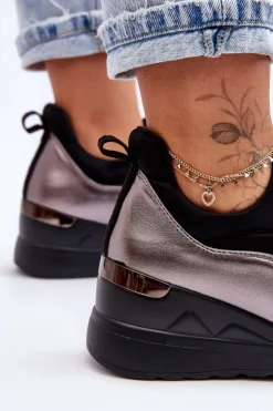 Discount Evento Damskie Wsuwane Buty Sportowe Na Koturnie Czarno-Srebrne Farro