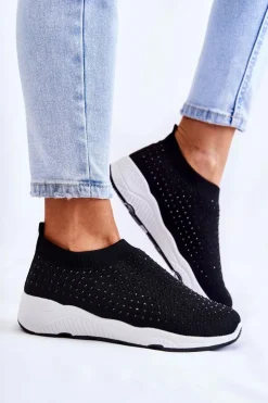 Boto Sneakersy Damskie*Damskie Wsuwane Buty Sportowe Z Cyrkoniami Czarne Calsey