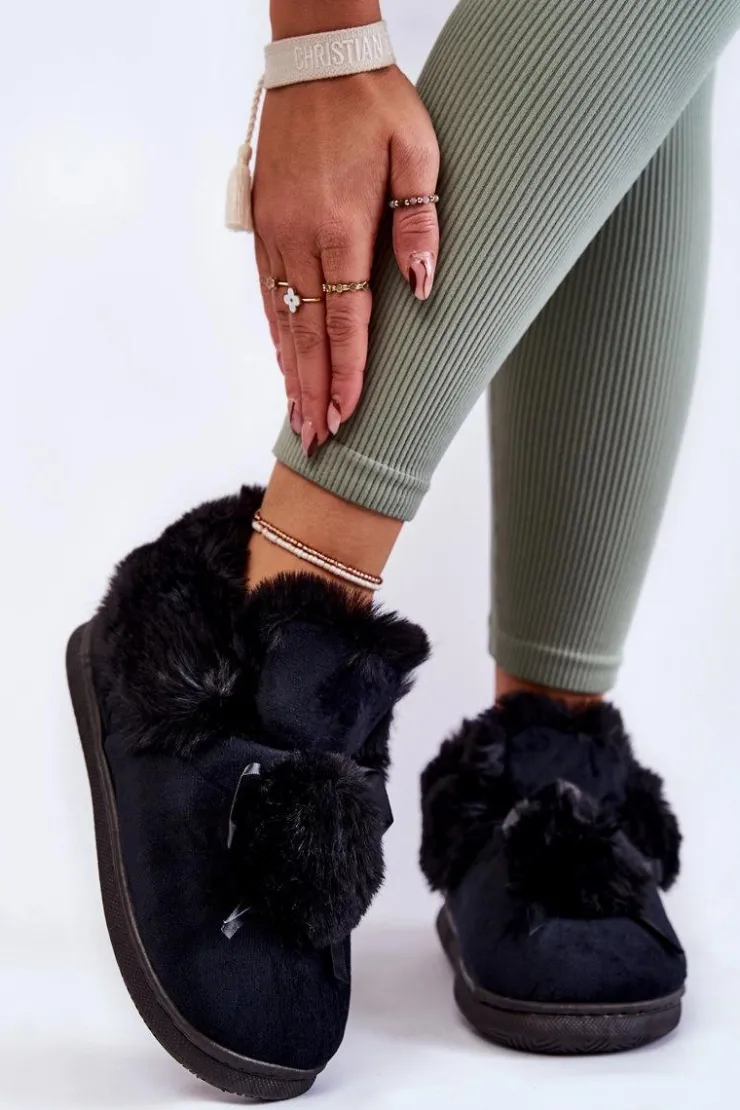 Damskie Boto Damskie Wsuwane Futrzane Papcie Z Pomponem Czarne Noemi