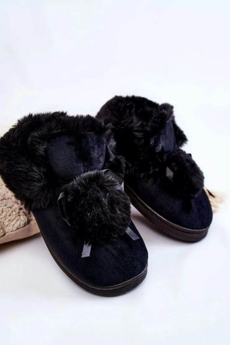 Damskie Boto Damskie Wsuwane Futrzane Papcie Z Pomponem Czarne Noemi