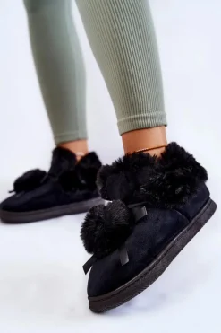 Damskie Boto Damskie Wsuwane Futrzane Papcie Z Pomponem Czarne Noemi