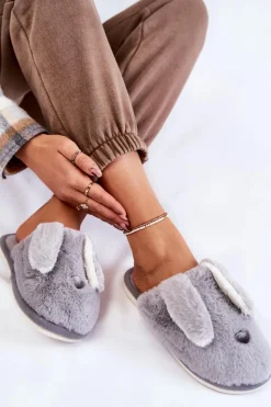 Boto Kapcie Klasyczne*Damskie Wsuwane Futrzane Papcie Szare Remmi