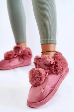 Boto Damskie Wsuwane Futrzane Papcie Z Pomponem Różowe Noemi