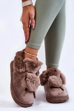 Damskie Boto Damskie Wsuwane Futrzane Papcie Z Pomponem Brązowe Noemi