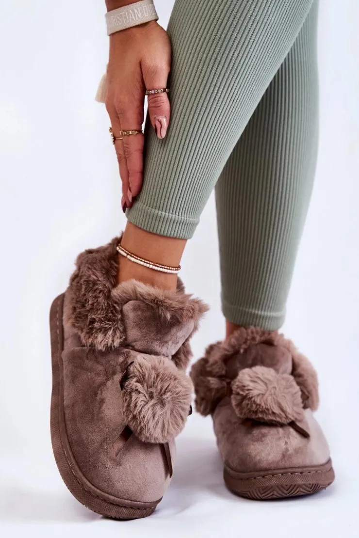 Damskie Boto Damskie Wsuwane Futrzane Papcie Z Pomponem Brązowe Noemi