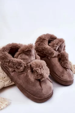 Damskie Boto Damskie Wsuwane Futrzane Papcie Z Pomponem Brązowe Noemi