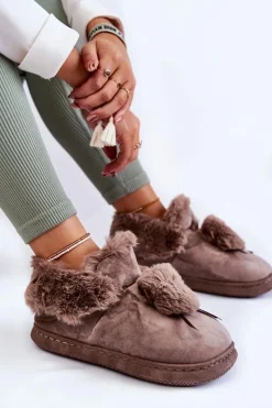 Damskie Boto Damskie Wsuwane Futrzane Papcie Z Pomponem Brązowe Noemi