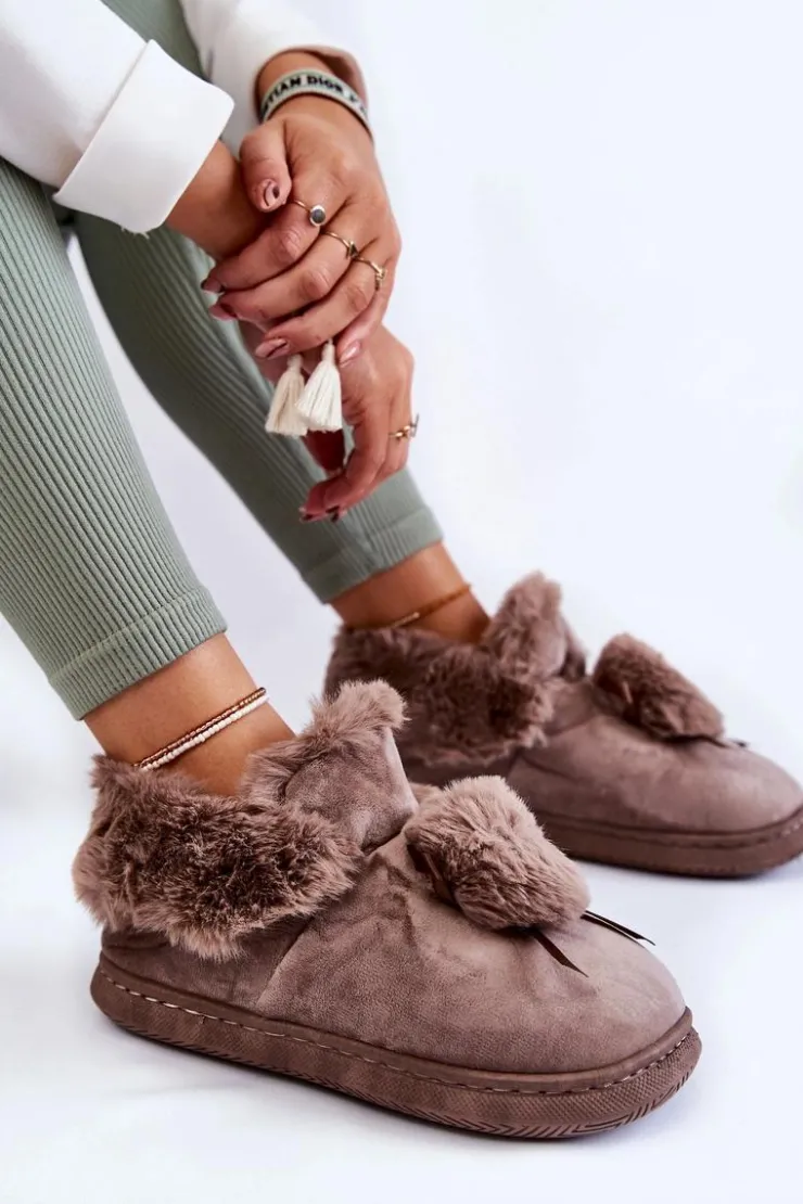 Damskie Boto Damskie Wsuwane Futrzane Papcie Z Pomponem Brązowe Noemi