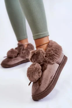 Damskie Boto Damskie Wsuwane Futrzane Papcie Z Pomponem Brązowe Noemi