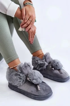Boto Kapcie Klasyczne*Damskie Wsuwane Futrzane Papcie Z Pomponem Szare Noemi
