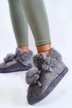 Boto Kapcie Klasyczne*Damskie Wsuwane Futrzane Papcie Z Pomponem Szare Noemi