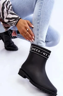 Boto Kalosze Damskie*Damskie Wsuwane Kalosze Na Płaskim Obcasie Czarne Coreta