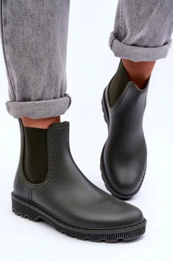 Boto Kalosze Damskie|Botki Płaskie*Damskie Wsuwane Matowe Kalosze Ciemnozielone Helinca