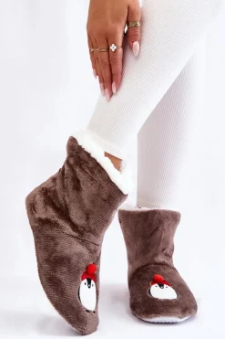 Aura.via Damskie Wsuwane Ocieplane Papcie Z Pingwinami Ciemnoszare