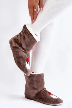 Aura.via Damskie Wsuwane Ocieplane Papcie Z Pingwinami Ciemnoszare