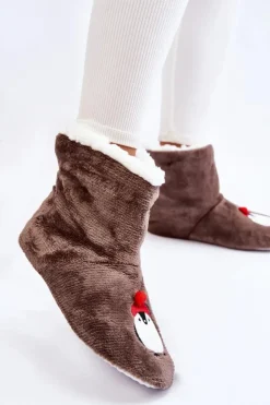 Aura.via Damskie Wsuwane Ocieplane Papcie Z Pingwinami Ciemnoszare