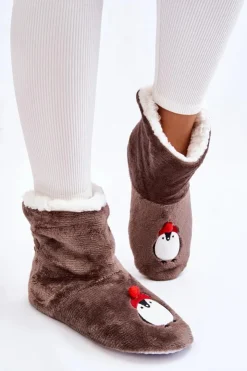 Aura.via Damskie Wsuwane Ocieplane Papcie Z Pingwinami Ciemnoszare