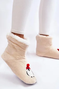 Hot Aura.via Damskie Wsuwane Ocieplane Papcie Z Pingwinami Kremowe