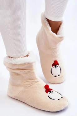Hot Aura.via Damskie Wsuwane Ocieplane Papcie Z Pingwinami Kremowe