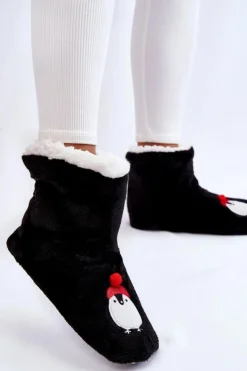 Damskie Aura.via Damskie Wsuwane Ocieplane Papcie Z Pingwinami Czarne