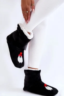 Damskie Aura.via Damskie Wsuwane Ocieplane Papcie Z Pingwinami Czarne