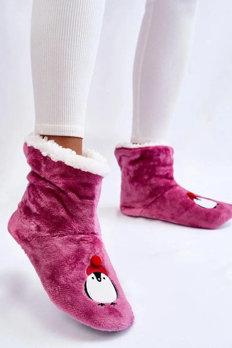 Aura.via Kapcie Klasyczne*Damskie Wsuwane Ocieplane Papcie Z Pingwinami Fioletowe