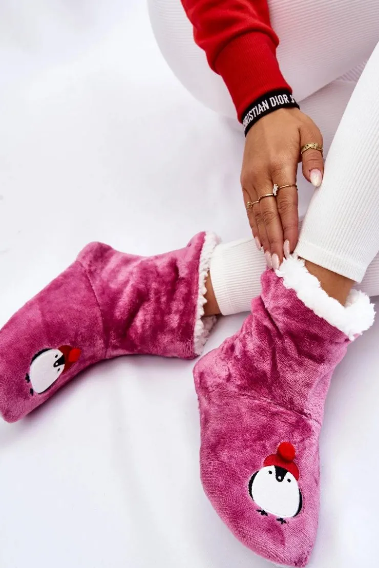 Aura.via Kapcie Klasyczne*Damskie Wsuwane Ocieplane Papcie Z Pingwinami Fioletowe