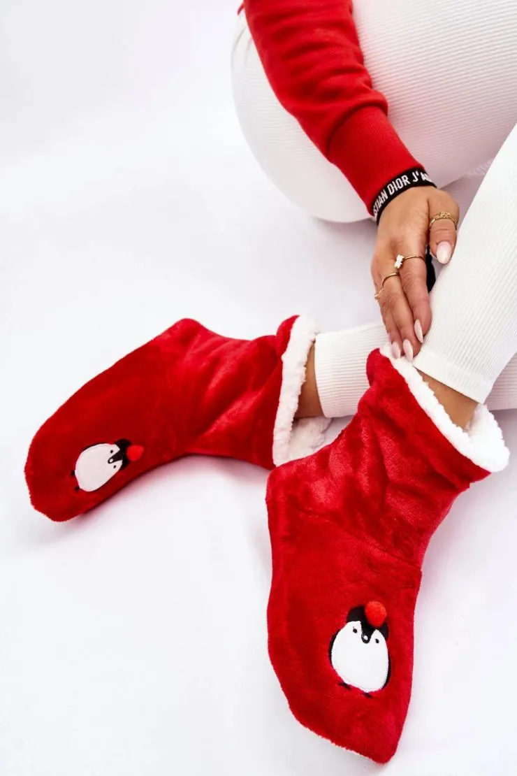 Damskie Aura.via Damskie Wsuwane Ocieplane Papcie Z Pingwinami Czerwone