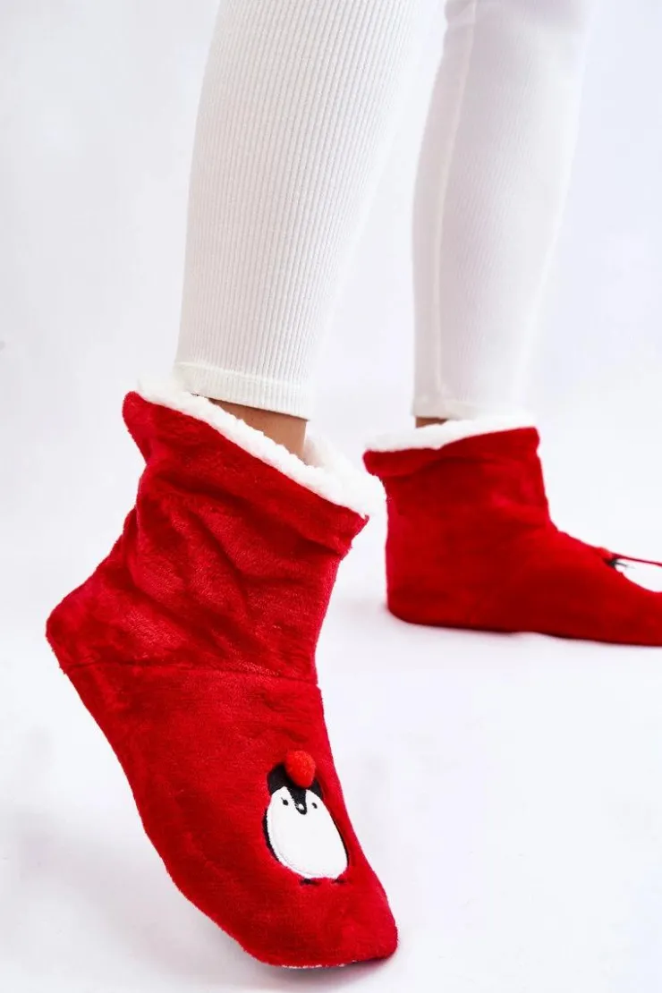 Damskie Aura.via Damskie Wsuwane Ocieplane Papcie Z Pingwinami Czerwone