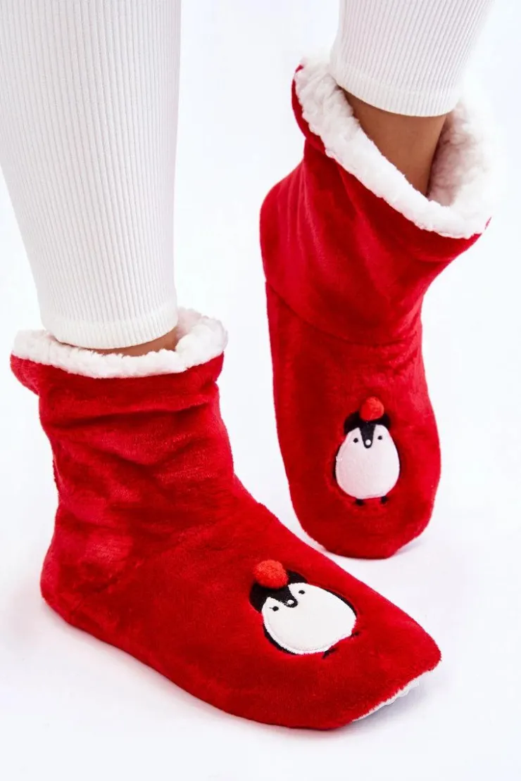 Damskie Aura.via Damskie Wsuwane Ocieplane Papcie Z Pingwinami Czerwone