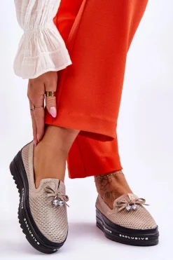 Sale Damskie buty S.Barski Damskie Wsuwane Skórzane Trampki Błyszczące Złote Raven