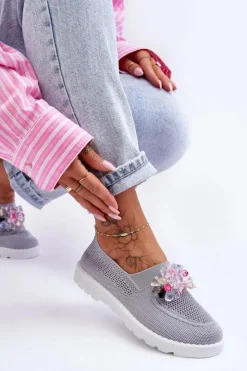 Clearance Boto Damskie Wsuwane Tenisówki Z Kamieniami Szare Simple