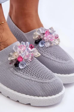 Clearance Boto Damskie Wsuwane Tenisówki Z Kamieniami Szare Simple
